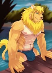 2024 5_fingers abs anthro areola barazoku biped blonde_hair blonde_mane blue_clothing blue_speedo blue_swimwear bulge claws clothed clothed_anthro clothed_male clothing cloud day detailed_background digital_media_(artwork) felid fingers fur green_eyes hair hi_res humanoid_hands jude_(shmagaman) lake lion long_tail looking_at_viewer male mammal mane multicolored_body multicolored_fur muscular muscular_anthro muscular_male navel nipples outside pantherine pecs plant seductive short_hair smile solo solo_male speedo speedo_only swimwear tail tan_body tan_fur topless two_tone_body two_tone_fur vitaly4321 water white_body white_fur