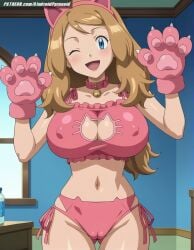 ai_generated aindroidparanoid ass bed big_breasts blonde_hair blue_eyes breasts busty cameltoe cat_costume cat_ears cat_girl cleavage cleavage_cutout fat_ass female female_only furry grown_up hips huge_breasts indoors large_breasts massive_breasts mature_female nipples paw_gloves paw_pose pokemon pokemon_(species) pokemon_trainer serena_(pokemon) serena_(pokemon_games) stable_diffusion taller_girl thick_thighs