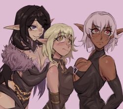 annoyed annoyed_expression big_breasts black_hair blonde_hair choker de-chan_(lolicept) elara_(vtuber) evangelyne fur_trim green_eyes leather leather_clothing pink_eyes purple_eyes technodraws wakfu white_hair