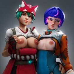 2girls 3d artist_request asian_female big_ass big_breasts big_butt breast_comparison breast_envy breast_size_difference breasts_out jealous_female juno_(overwatch) kiriko_(overwatch) overwatch overwatch_2