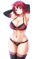 1girls abs armpits arms_up bra breasts busty cleavage clothed cow_girl_(goblin_slayer) elbow_gloves female female_only fit_female goblin_slayer hourglass_figure kazenokaze large_breasts light-skinned_female lingerie red_hair slim_waist standing thick_thighs thighhighs white_background wide_hips