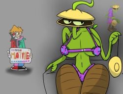 1girls 1monster big_breasts clamble gray_background green_body green_eyes green_nipples half-closed_eyes leaf long_neck matt_(eddsworld) matthe navel plantie reference_image tagme torn_bra torn_panties torn_underwear underwear wooden_leg