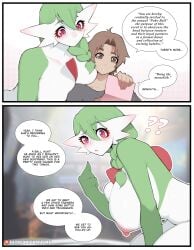 1boy 1girls ?? anthro areolae big_breasts braid breasts brown_eyes brown_hair daisy_(luxurias) dialogue english_text female gardevoir generation_3_pokemon green_hair human looking_at_viewer luxurias male nintendo nipples pink_eyes pokemon pokemon_(species) speech_bubble very_high_resolution