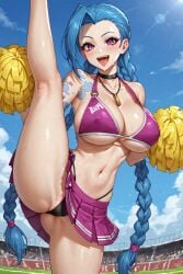 1girls ai_generated alternate_breast_size ass blue_hair braid breasts cheerleader choker female jinx_(league_of_legends) large_breasts league_of_legends long_hair one_leg_up outdoors panties pom_poms skirt solo spread_legs standing_on_one_leg sweat tattoo tensor_art