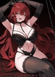 1girls absurd_res armpits big_breasts chains choker gloves hi_res lace lingerie long_hair looking_at_viewer pale_skin red_hair stockings svet_yomi thick_thighs vampire yellow_eyes