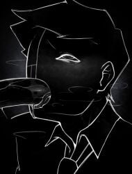 2boys black_hair blowjob dark_skin darkusha eyes_rolling_back face_closeup fellatio gay gay_blowjob king_of_mercury_(psychopomp) male one_eye_visible psychopomp_(fading_club) short_hair slurp tongue