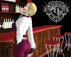 1girls ass bar bartender big_ass blonde_hair blue_eyes bottle bow bowtie chair clothed cute_face drink earrings female from_behind gloves hand_on_hip king_(snk) king_of_fighters light-skinned_female light_skin long_sleeves looking_at_viewer looking_back pale-skinned_female pale_skin pants shirt short_hair table thick tie white_shirt