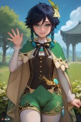 1boy acw ai_generated clothed cowboy_shot cute_male femboy feminine_male genshin_impact gradient_hair hair_ornament looking_at_viewer outdoors pinup smile solo solo_male twin_braids venti_(genshin_impact) waving_at_viewer young