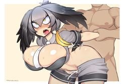 1boy 1girls bent_over big_breasts blush breasts cleavage cum cum_inside female from_behind kemono_friends large_breasts male nisetanaqa open_mouth rape sex shoebill_(kemono_friends) straight