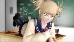 1boy 1girls 3d ancillasfm animated black_socks blonde_hair blush classroom clothed clothed_female_nude_male double_bun eyelashes female handjob himiko_toga human knee_socks kneehighs kneesocks knife looking_at_viewer looking_down male male_pov my_hero_academia no_sound on_table open_mouth penis pov school shirt shoes skirt smile socks source_request straight table text video watermark weapon yellow_eyes