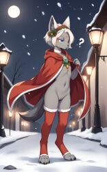 1girls 2026 ai_generated anthro blue_eyes choker christmas christmas_outfit cloak confused digitigrade female female_only flat_chest gold_jewelry grey_body half-closed_eyes hi_res inner_ear_fluff innie_pussy jewelry mineru moon night nintendo nipples nude nude_female outdoors pussy question_mark short_hair side_view snow snowing the_legend_of_zelda the_legend_of_zelda:_tears_of_the_kingdom thighhighs white_hair zonoya_(artist)