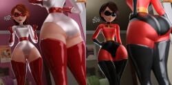 ass ass_expansion before_and_after elastigirl elastigirl_(original_supersuit) female female_only helen_parr huge_ass latex latex_gloves milf mirror smitty34 superheroine the_incredibles thick_hips thick_thighs