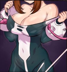 1girls aldharoku bare_shoulders big_breasts bodysuit boku_no_hero_academia breasts brown_hair cleavage clothing collarbone covered_navel female fully_clothed hero_outfit_(mha) large_breasts my_hero_academia ochako_uraraka short_hair simple_background skin_tight solo standing tight_clothing