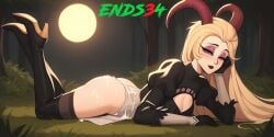 ai_generated blonde_hair dress ends34 hazbin_hotel horns laying_on_stomach lilith_morningstar_(hazbin_hotel) milf