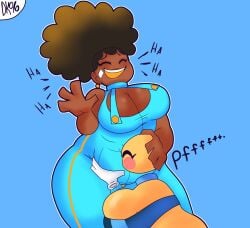 2girls ally_(daisykitty96) belly belly_grab belly_raspberries big_breasts chubby chubby_belly chubby_female cleavage daisykitty96 dark-skinned_female face_in_belly female female_only hand_on_head laugh silly tickling tulip_(daisykitty96)