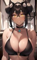 1girl 1girls ai_generated big_breasts bikini bikini_top black_hair blush cat cat_ears cat_eyes cat_girl cat_humanoid catgirl collar dark-skinned_female dark_skin earring female female_focus female_only gem glasses hair_bun jewelry large_breasts looking_at_viewer pointy_chin solo solo_female solo_focus tan_body tan_skin thee_voiidness yellow_eyes