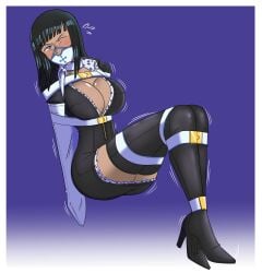 armbinder bangs big_ass big_breasts bondage bound_legs cleavage ekkinowa female female_only gag gagged heel_boots leather leather_boots leather_clothing leather_dress minidress muzzle_(object) muzzled nico_robin one_piece panel_gag straps thigh_boots water_7