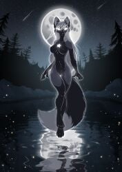 2023 anthro breasts canid canine digital_drawing_(artwork) digital_media_(artwork) female floating forest forest_background fox full-length_portrait genitals glowing glowing_eyes hair hi_res lake light looking_at_viewer mammal markings moon moonlight nature nature_background night paws plant portrait pussy red_fox shooting_star silver_fox silver_hair solo star star_(marking) tharsisgoat tree trish_(invasormkiv) true_fox water