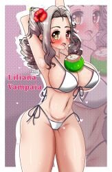 arms_behind_head arms_up belly_bulge big_breasts bikini blush coconut ero_art_oa flower_in_hair grey_hair heterochromia hibiscus liliana_vampaia midriff myholotv navel red_eyes skin_fang tagme thick_thighs twin_drills virtual_youtuber yellow_eyes