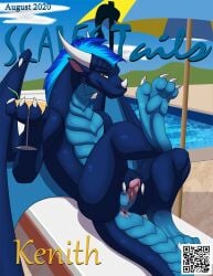 2020 animal_genitalia anthro anus bent_leg beverage claws dragon fr0stbit3 genital_slit genitals hi_res holding_beverage holding_object horn looking_at_viewer male mythological_creature mythological_scalie mythology outside pawpads penis penis_tip pool raised_leg reclining scalie smile solo