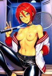 ai_generated breasts_exposed breasts_out chocker disney exposed_breasts fit fit_body fit_female human human_only latex latex_clothing latex_legwear locker locker_room lockers olive_skin open_track_jacket peace_sign pink_nipples posing posing_for_picture posing_for_the_viewer posing_naked red_hair red_hair_female spiked_collar tennis_racket tracksuit w.i.t.c.h. will_vandom yellow_skin