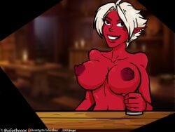 1girls alcohol alcoholic_drink background big_breasts blonde_female blonde_hair blonde_hair_female breasts drink earring earrings elf_ears erect_nipples eye_contact female full_nude hi_res highres huge_breasts idiotbox_(artist) jerking keira_(idiotbox) keira_quest large_breasts medium_hair mug muscular muscular_arms muscular_body naked naked_female nipples nude nude_female red-skinned_female red_lips red_lipstick red_nipple red_nipples red_skin short_hair smile smiling smiling_at_viewer table tavern very_high_resolution white_hair white_hair_female wooden_table