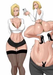 1girls android android_18 android_girl arms_behind_back artist_name artist_signature ass belly_button belly_button_piercing black_high-heels black_high_heels black_highheels black_skirt blonde_female blonde_hair blonde_hair blonde_hair_female blue_eyes blue_eyes_female bracelet bracelets choker cleavage clothed clothed_female clothing dragon_ball dragon_ball_super dragon_ball_z eyelashes female female hands_behind_back heels high_heels leopard_print leopard_print_bikini leopard_print_panties lower_back_tattoo medium_hair medium_hair_female milf mother panties pantsless pantsless_female phone phone_in_hand pierced_belly_button see-through_thighhighs selfie selfie_pose short_shirt short_skirt showing_panties skirt sleeves slut slut_tattoo slutty_clothing slutty_outfit smile smiling snowbunny snowbunny_tattoo squatting squatting_female squatting_position tan tan-skinned_female tan_body tan_line tan_lines tan_skin tanline tanlines tanned tanned_body tanned_female tanned_girl tanned_skin tattoo thigh_highs thighhighs thighs venomart500 venomarts00 white_background white_choker white_shirt wife womb_tattoo