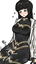 1boy 1girls black_hair blush cesara_(limbus_company) clothed_female cum cum_on_legs green_eyes labcoat large_breasts limbus_company long_hair looking_at_penis open_mouth penis project_moon skinsuit thigh_sex