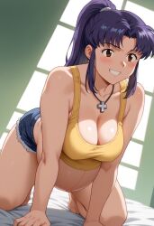 ai_generated big_belly big_breasts cleavage jean_shorts misato_katsuragi neon_genesis_evangelion pregnancy pregnant pregnant_belly purple_hair ready_to_pop yellow_tank_top