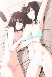 2girls absurd_res absurdres arm_above_head arm_up armpits bare_armpits bare_arms bare_belly bare_chest bare_hands bare_hips bare_legs bare_midriff bare_navel bare_shoulders bare_skin bare_thighs bed bed_sheet belly belly_button black_hair black_hair_female blue_bra blue_panties blue_underwear bra breasts brown_eyes brown_eyes_female cleavage closed_eyes collarbone day daylight daytime dot_nose elbows exposed exposed_armpits exposed_arms exposed_belly exposed_legs exposed_midriff exposed_shoulders exposed_thighs female female_only fingers frilled_bra frilled_panties frilled_underwear groin hair_between_eyes half_naked half_nude hand_above_head hand_up head_tilt high_resolution highres hourglass_figure indoor indoors lace_bra lace_panties lace_underwear laced_bra laced_panties laced_underwear large_breasts laying_down laying_on_back laying_on_bed laying_on_side lean_body lean_figure legs legs_together lesbian_only light-skinned_female long_hair looking_up looking_up_at_viewer medium_hair multiple_females multiple_girls narrow_waist navel ogino_jun on_back on_side one_eye_closed one_eye_open original original_art original_artwork original_character panties pillow pink_bra pink_panties pink_underwear pussy shoulders simple_background slender_body slender_waist slim_girl slim_waist small_breasts thick_thighs thighs thin_waist tilted_head underwear upper_body v-line wavy_hair white_background white_bed white_bed_sheet white_pillow wide_hips yuri