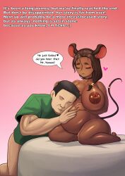 1boy 1girls bed bell big_breasts bottomless brown_hair choker closed_eyes clothed_male_nude_female couple cute dark-skinned_female dark_skin dialogue heart huge_breasts human interspecies kingbang light-skinned_male light_skin mouse_ears mouse_girl mouse_tail mrs._gutter naked nude nude_female_clothed_male original original_character pierced_nipples piercing pink_background pregnant pregnant_belly shortstack speech_bubble text wholesome