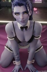 3d ai_generated amelie_lacroix big_hips blue_hair bra female front_view overwatch overwatch_2 secret_room12 shiny_skin sitting stable_diffusion tattoo widowmaker yellow_eyes