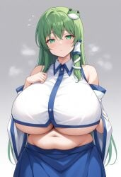 ai_generated blue_skirt breasts_bigger_than_head collared_shirt detached_sleeves fat frog_hair_ornament gigantic_breasts green_eyes green_hair hair_tubes huge_breasts kochiya_sanae long_hair plump sanae_kochiya sleeveless sleeveless_shirt snake_hair_ornament steam steaming_body thick touhou white_shirt