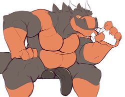 anthro balls biceps big_penis black_penis black_scales chibs_arts chibsarts dragon father horn leaning long_penis male male_only musclegut muscular muscular_male orange_scales parent pecs penis presenting scales simple_background sitting smoking solo spreading vape vape_pen vaping vein white_background