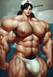 abs ai_generated ambush_(trap) armpit_hair bulge chest_hair extreme_muscles futanari genderswap_(ftm) hairy_armpits hairy_arms hairy_chest hyper_muscles low_twintails male male_only muscular muscular_male nurse_cap original_character room rule_63 sewoh solo twintails