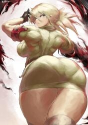 1girls ass_focus breasts curves curvy_female curvy_figure duffmox hellsing looking_back miniskirt seras_victoria skirt solo solo_female solo_focus thick_ass thick_thighs thighhighs thighs_together underwear_outline yellow_skirt