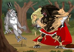 anthro big_ass big_bad_wolf big_breasts blonde_hair brown_fur comic curvy disguise fairy_tales forest johnnyharadrim literature little_red_riding_hood muscular_male public_domain red_hood skinsuit tearing_clothes werewolf wolf