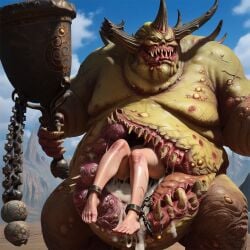 1girls ai_generated barefoot chains cum eaten_alive feet great_unclean_one horn legs monster nurgle shackles slave swallowed_whole teeth total_war:_warhammer vore warhammer_(franchise) warhammer_fantasy weapon