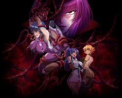 4girls ass blue_eyes bodysuit breasts covered_navel covered_nipples dress evil_smile fishnets furuse_mayu highres igawa_asagi igawa_sakura impossible_bodysuit impossible_clothes large_breasts multiple_girls oboro_(taimanin_asagi) official_art orange_hair ponytail purple_bodysuit purple_hair red_eyes restrained revealing_clothes short_dress smile taimanin_(series) taimanin_asagi taimanin_suit tentacle yatsu_murasaki