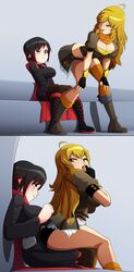 2girls ass biting_finger black_hair blonde_hair breasts cleavage clothed female female_only incest lap_dance large_breasts lesbian long_hair looking_back open_mouth purple_eyes ravenravenraven ruby_rose rwby silver_eyes sisters text yang_xiao_long yuri