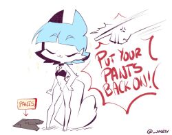 2d 2d_(artwork) blue_hair bottomless closed_eyes collar disembodied_hand felid felid_humanoid feline feline_humanoid female furry furry_female june_(junesy) junesy mostly_nude mostly_nude_female pants pubic_tuft vagina white_background white_fur