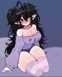 bed bedroom_setting bedsheets big_breasts bottom_heavy breasts elf elf_female elf_girl mistysnugglebug sleepy sleepy_(mistysnugglebug) thick_thighs top_heavy