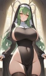 antenna big_breasts dorodoro_zangeshitsu_sticky_eyes green_hair long_hair nun's_habit nun_outfit sister_anna yellow