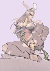 black_hair blush breasts bunny_ears carrot feet female fire_emblem fire_emblem_fates fire_emblem_heroes hair_over_one_eye ithinkaboutthisoften kagero_(fire_emblem) kagero_(spring)_(fire_emblem) large_breasts leggings masturbation ninja nintendo nipples open_mouth pussy ripped_clothing solo stockings tagme tongue vaginal_insertion video_games