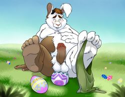 balls bravo easter egg egg_laying erection forepawz furry gain holidays lagomorph leporid male male_only mammal outside overweight paws penis rabbit slightly_chubby solo transformation