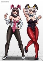 2girls a.i._channel blue_eyes brown_hair bunny_ears bunny_girl bunnysuit clothing curvy easter female female_only hair holidays kaguya_luna kaguya_luna_(character) kizuna_ai kushishekku multiple_girls thighhighs v virtual_youtuber white_hair