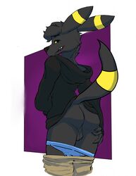 1boy anthro anthrofied ass back black_nose clothes clothing eeveelution furry hair half-closed_eyes hi_res male male_only nintendo open_mouth original_character pokémon_(species) pokemon pokemon_gsc presenting santaint solo standing teeth testicles umbreon underwear video_games yellow_sclera