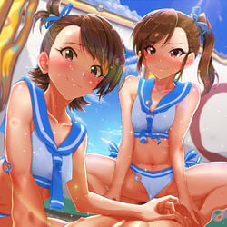 1boy 2girls areolae bangs bikini bikini_aside blue_bikini blush breasts brown_eyes brown_hair convenient_censoring cowgirl_position day eyebrows_visible_through_hair futami_ami futami_mami hair_between_eyes hair_ornament happy_sex highres idolmaster idolmaster_(classic) kilesha kirewisha long_hair looking_at_viewer multiple_girls nipples one_side_up outdoors pov pov_eye_contact pubic_hair red_eyes sex shimaidon_futago short_hair short_sleeves siblings side-tie_bikini side_ponytail sisters small_breasts smile socks sparkle straddling straight sweat swimsuit threesome twins vaginal_penetration wet