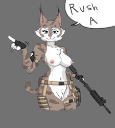 anthro blue_eyes breasts brown_fur chest_tuft felid feline female forced fur gun hi_res hk416 josun lynx m27 m416 mammal military nipples nude pussy ranged_weapon spreading tears text tuft weapon white_fur zeha