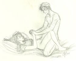 emmasart harry_potter hermione_granger holding_hands monochrome naked ron_weasley rough_sketch sex